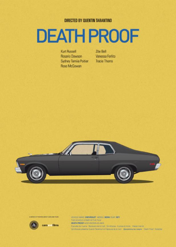 Das Filmplakat für Quentin Tarantinos „Death Proof“ mit einem schwarzen Chevrolet Nova von 1971.