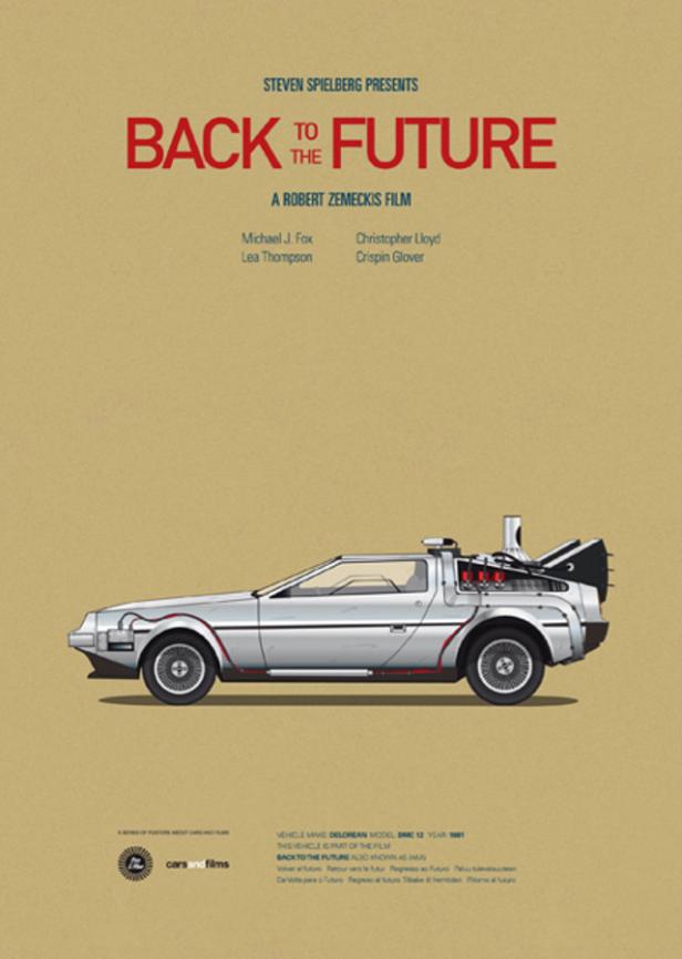 Das Filmplakat für „Zurück in die Zukunft“ mit einem DeLorean-Auto.