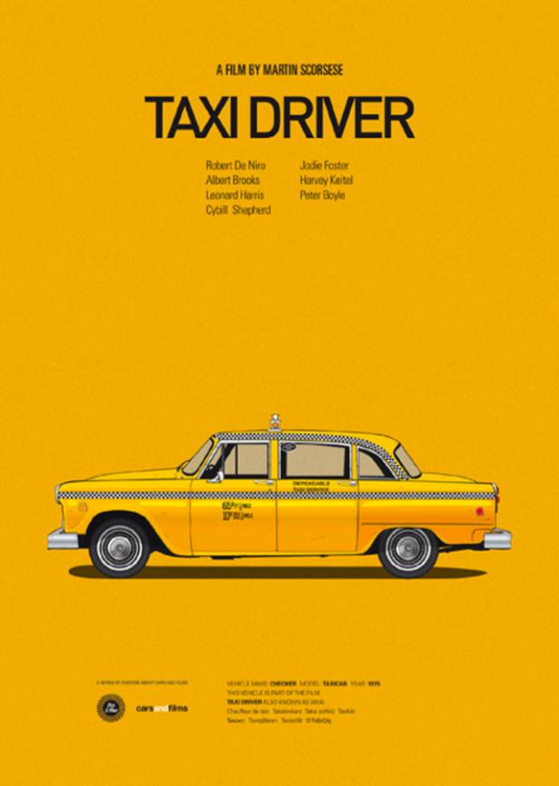 Das Filmplakat für „Taxi Driver“ von Martin Scorsese mit einem gelben Taxi.