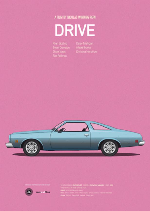 Das Filmplakat für „Drive“ von Nicolas Winding Refn mit einem hellblauen Chevrolet Malibu.