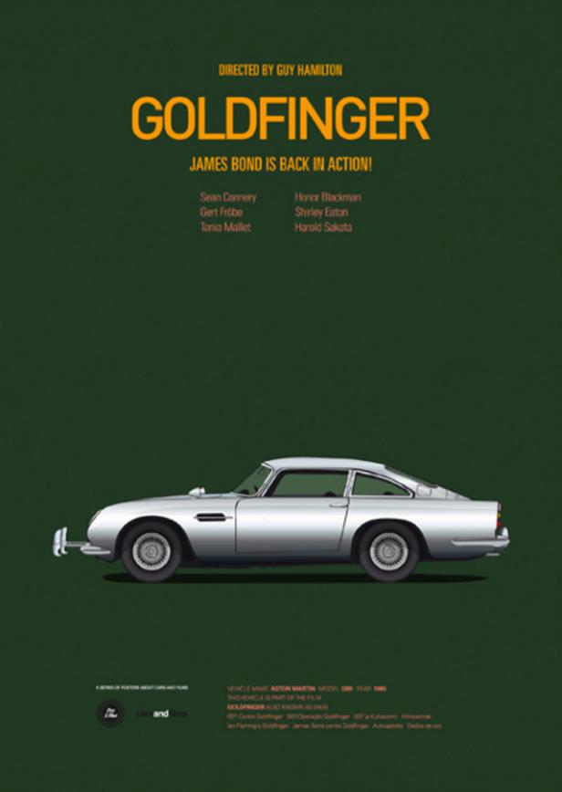 Das Filmplakat für „Goldfinger“ zeigt einen Aston Martin DB5 vor einem olivgrünen Hintergrund.