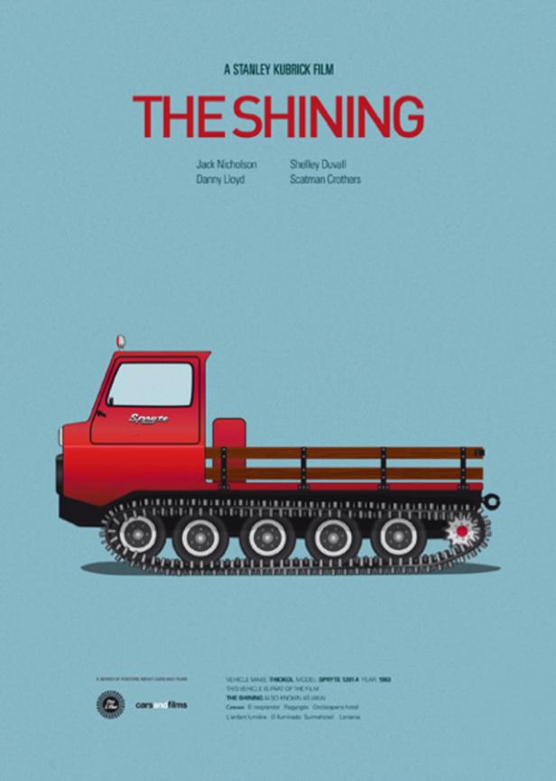 Ein Filmposter für „The Shining“ mit einem roten Pistenfahrzeug.