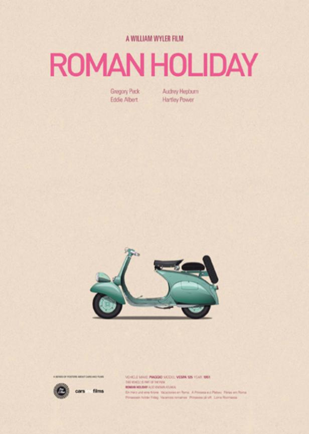 Das Filmplakat für „Roman Holiday“ mit einer hellblauen Vespa 125.