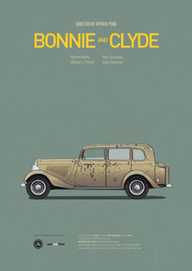 Ein Filmposter für „Bonnie und Clyde“ von Arthur Penn mit einem Ford V8 Fordor von 1934.