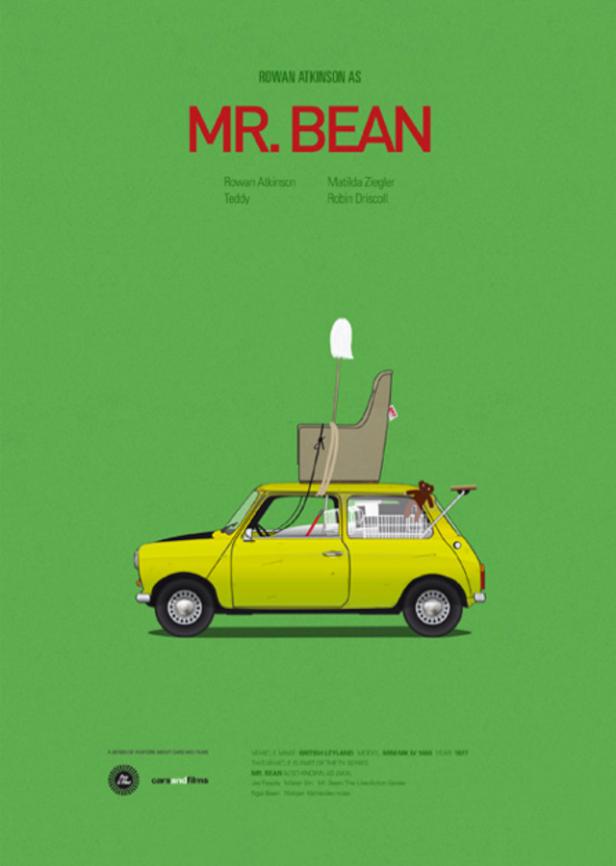 Ein gelber Mini mit einem Sessel und einem Mopp auf dem Dach, eine Anspielung auf „Mr. Bean“.
