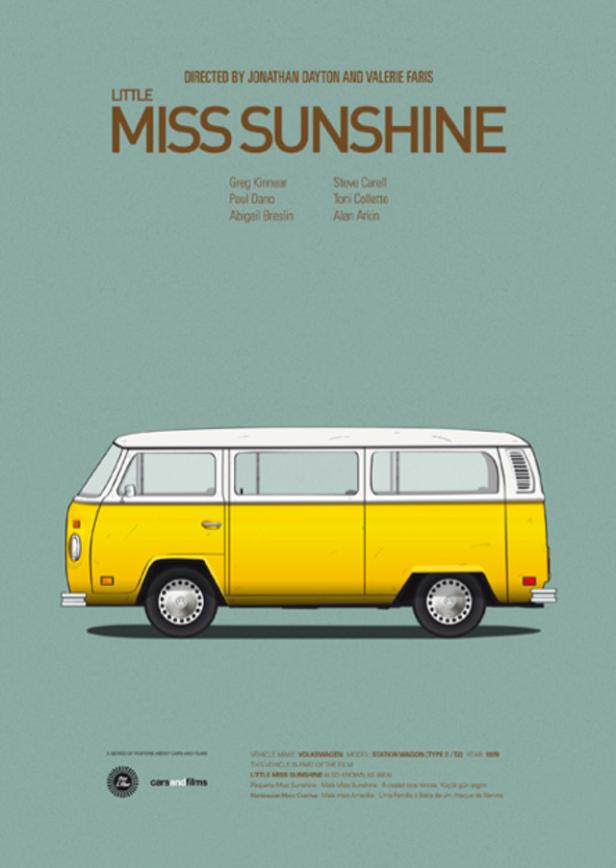 Das Filmplakat für „Little Miss Sunshine“ zeigt einen gelben VW-Bus.