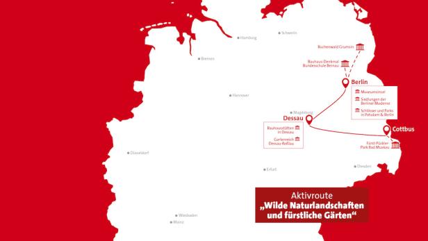 Eine Karte von Deutschland, die eine Reiseroute mit dem Titel „Wilde Naturlandschaften und fürstliche Gärten“ zeigt.