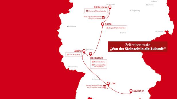 Eine Karte von Deutschland, die die „Zeitreisenroute: Von der Steinzeit in die Zukunft“ zeigt.