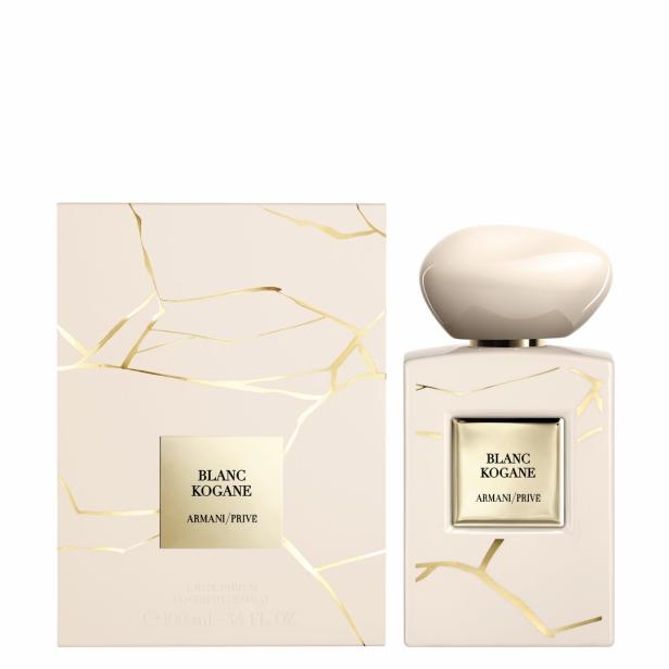 Das „Blanc Kogane“ Eau de Parfum von Armani Privé mit Verpackung.