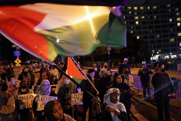 People demonstrate in support of Palestinians in Gaza, during a protest near the annual White House Correspondents Association (WHCA) Dinner in Washington