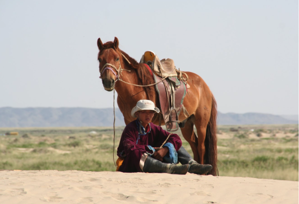 Ein mongolischer Junge sitzt neben seinem Pferd in der Wüste.