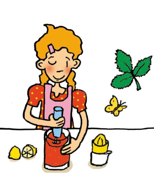 Ein Mädchen bereitet eine Limonade zu, während ein Schmetterling umherfliegt.