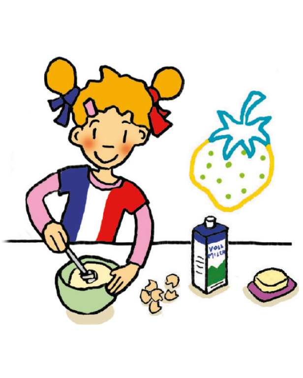 Ein Mädchen mit Zöpfen rührt Teig in einer Schüssel, umgeben von Zutaten wie Milch und Butter.