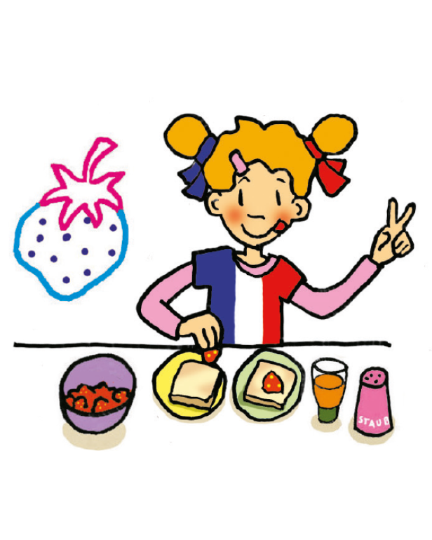 Ein Mädchen mit Erdbeermarmelade beim Frühstück, gekleidet in den Farben der französischen Flagge.