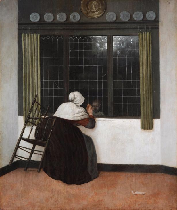 Ein altes Gemälde von Jacobus Vrels, es heißt „Frau am Fenster winkend“ (ca. 1650). Eine Frau mit Kopftuch sitzt vorm Fenster und winkt einem Kind, das zu ihr von draußen hereinsieht.