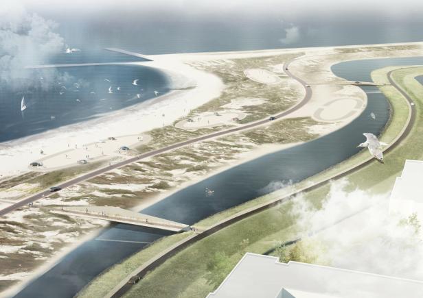 Eine Küstenlandschaft mit Strand, Straße, Brücke und einer Möwe im Flug.