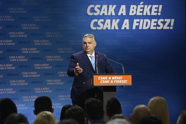 Ministerpräsident Viktor Orbán bei der Eröffnung des EU-Wahlkampfs am 19. April 2024 in Budapest.