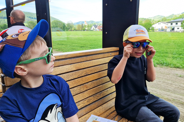 Zwei Jungen sitzen in einem Zug und tragen Sonnenbrillen.