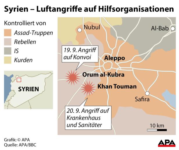 Eine Karte von Syrien, die die Luftangriffe auf Hilfsorganisationen in der Nähe von Aleppo zeigt.