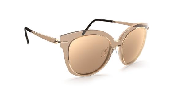 Eine goldfarbene Sonnenbrille mit getönten Gläsern auf einem weißen Hintergrund.