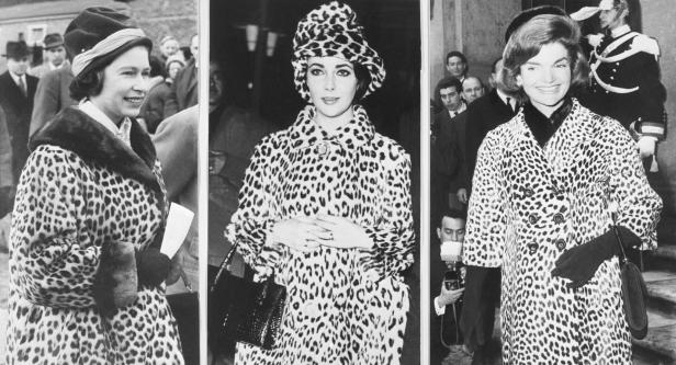 Drei berühmte Frauen, Königin Elizabeth II., Elizabeth Taylor und Jackie Kennedy, tragen Leopardenmuster.