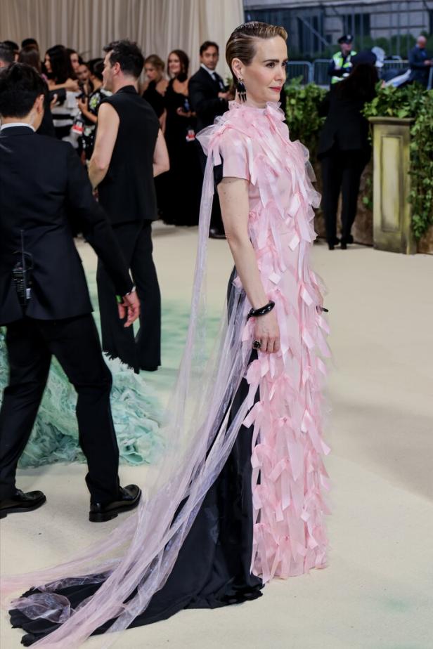 Sarah Paulson in einem rosa Kleid mit Schleifen auf dem roten Teppich.