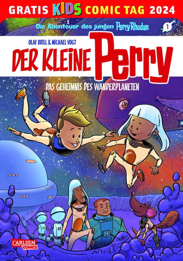 Das Cover des Comics „Der kleine Perry: Das Geheimnis des Wanderplaneten“ mit Perry und anderen Figuren im Weltraum.