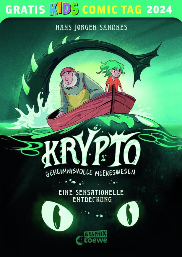 Das Cover des Comics „Krypto: Geheimnisvolle Meereswesen“ zeigt ein Boot mit zwei Personen und einem riesigen Seeungeheuer.