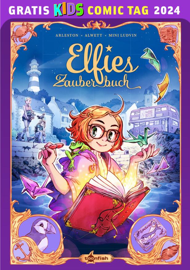 Das Cover des Buches „Elffies Zauberbuch“ zeigt ein Mädchen mit einem Frosch, das ein Zauberbuch liest.