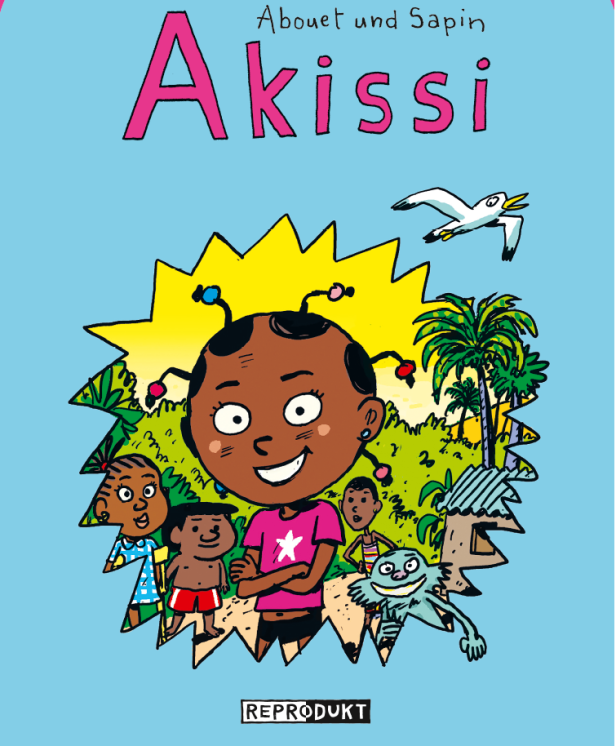 Das Cover des Buches „Akissi“ von Abouet und Sapin zeigt das Mädchen Akissi mit Freunden in Afrika.