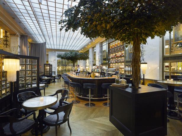 Innenansicht der Bar des Park Hyatt Wien mit Bäumen als Dekoration.