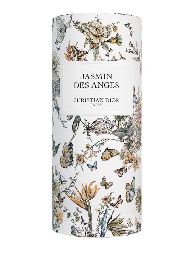 Ein zylindrischer Christian Dior Flakon „Jasmin des Anges“ mit Blumen- und Schmetterlingsmuster.