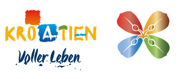 Das Logo für Kroatien mit dem Slogan „Voller Leben“ und einem stilisierten Scheren-Kleeblatt.