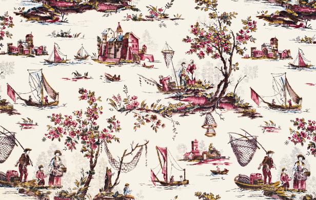 Ein Toile-de-Jouy-Muster mit Szenen von Booten, Fischern und Schlössern.
