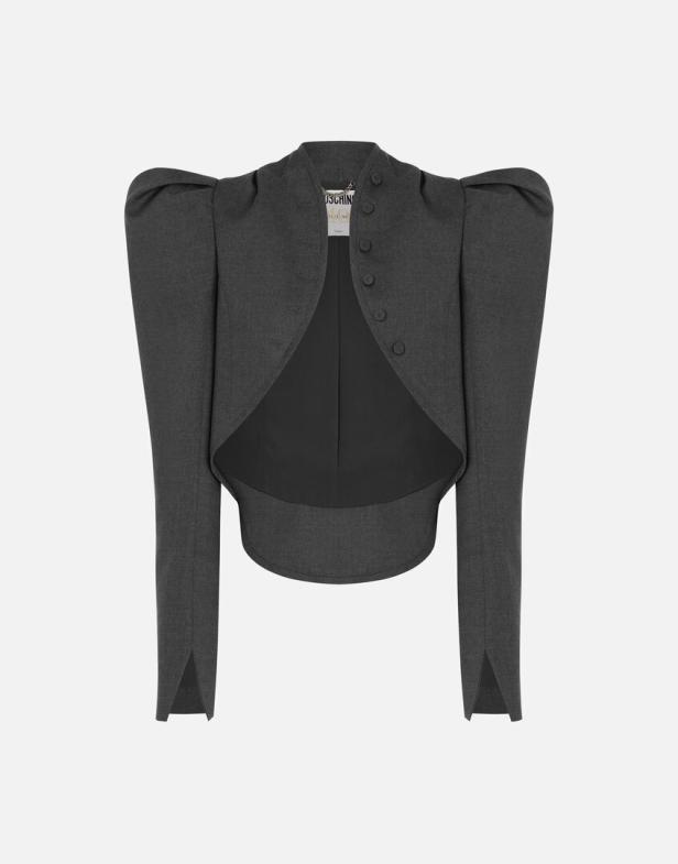 Eine graue Jacke mit Puffärmeln und Knopfleiste vor einem weißen Hintergrund.