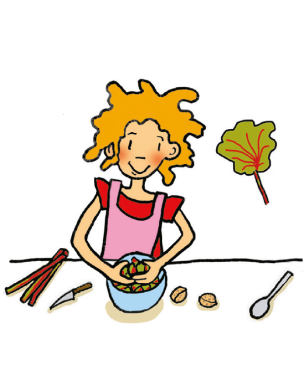 Ein Mädchen mit blonden Haaren bereitet eine Mahlzeit mit Rhabarber zu.