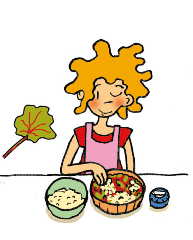 Eine Frau mit blonden Haaren bereitet eine Mahlzeit zu.