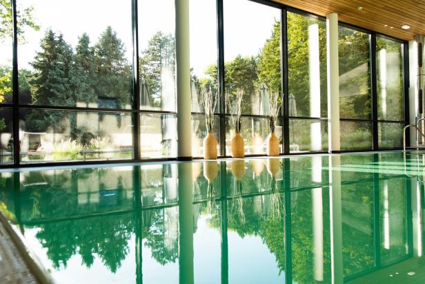 Indoor-Pool mit großen Fenstern und Blick in den Wald.