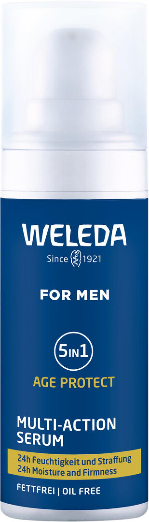 Eine Flasche Weleda Multi-Action Serum für Männer mit Anti-Age-Formel.