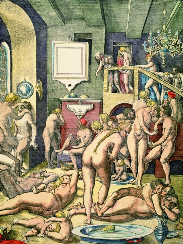 Eine Szene eines öffentlichen Badehauses mit vielen nackten Menschen.