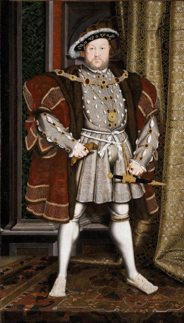 Ein Porträt von Heinrich VIII. in prächtiger Kleidung, der ein kleines Schwert hält.