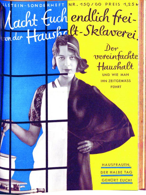 Das Cover eines Haushaltssheftes. Es zeigt eine Frau, die auf der einen Seite am Herd steht, und auf der anderen Seite wie eine emanzipierte Frau der 1920er angezogen ist – und bereit fürs Ausgehen ist.