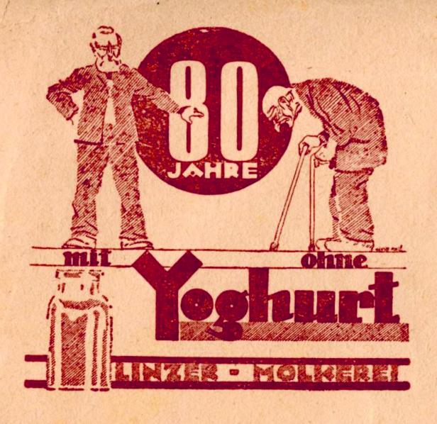 Ein Bild aus einem Milchkochbuch: Es zeigt zwei 80-Jährige. Einer ist fit, weil er Yoghurt trinkt, der andere geht auf Krücken.