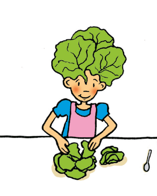 Eine Illustration von Lilli, die Salat zubereitet und selbst Salat als Haare trägt.