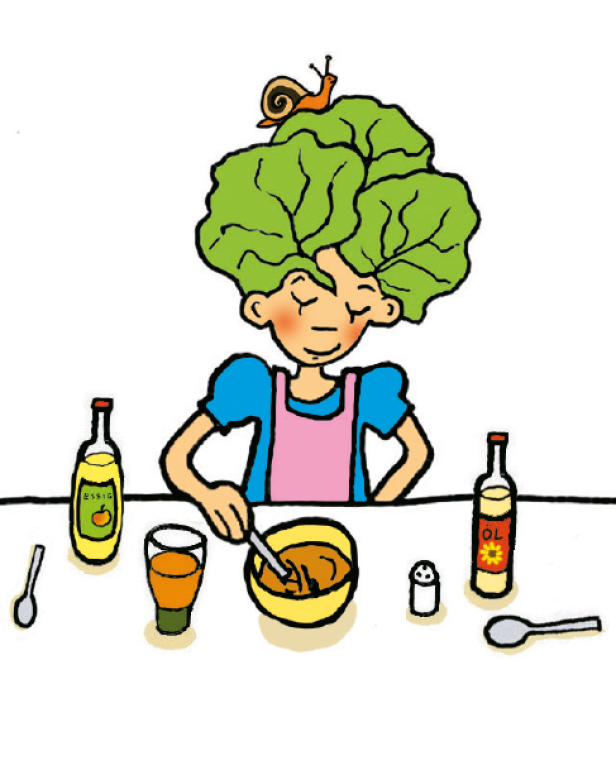 Lilli mit einem Salat als Haare und einer Schnecke darauf bereitet ein Rezept zu.