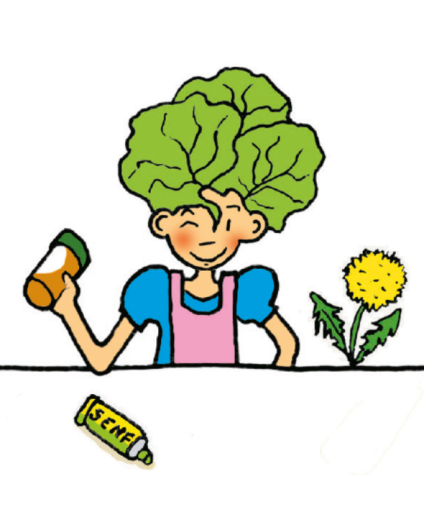 Ein Mädchen mit einem Kopfsalat als Frisur hält ein Glas und eine Tube Senf.