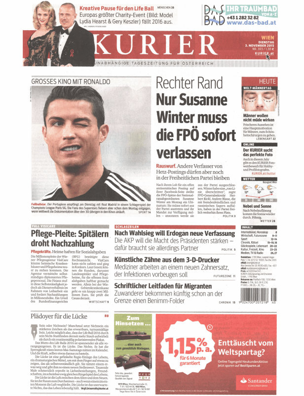 Ein Zeitungsartikel mit einem Bild von Cristiano Ronaldo und Schlagzeilen zu verschiedenen Themen.