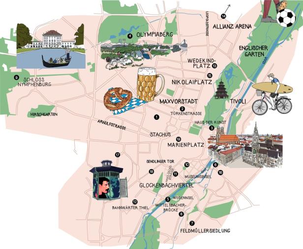 Eine illustrierte Karte von München mit Sehenswürdigkeiten wie dem Olympiaberg und Schloss Nymphenburg.