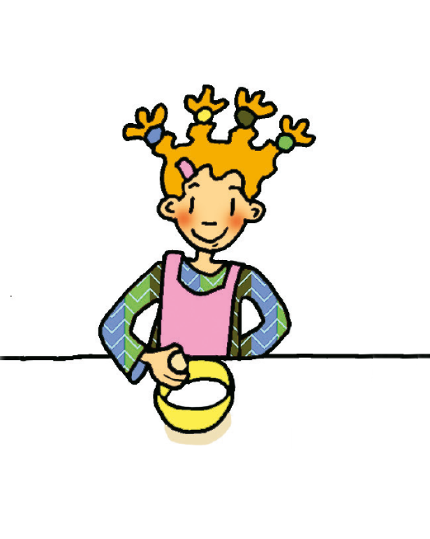 Ein Cartoon-Mädchen mit Zöpfen hält eine gelbe Schüssel.