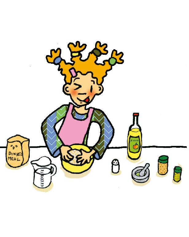 Ein Mädchen mit Zöpfen bereitet Teig in einer gelben Schüssel zu.
